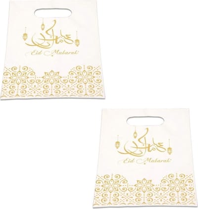 6x stuks Eid Mubarak thema feestzakjes/uitdeelzakjes wit/goud 23 x 17 cm - Suikerfeest/Offerfeest