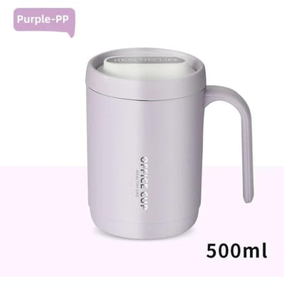 Tasse à café 500 ml avec poignée et couvercle en acier inoxydable 304/doublure en polypropylène, tasse à café, tasse à lait pour petit-déjeuner, tasse à eau pour la maison, le bureau et les étudiants 500ml white