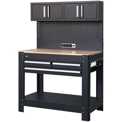 HBM werkbank 114 cm met 3 laden, kastenwand en achterwand, zwart