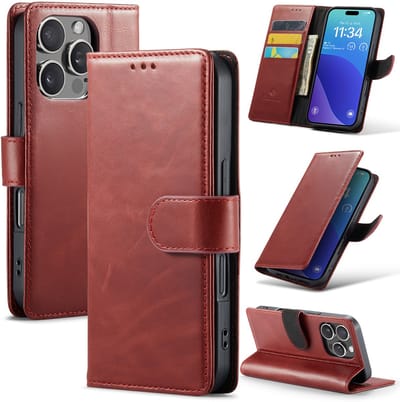 Casemania Echt Leren Hoesje Geschikt voor Apple iPhone 16 Pro - Rood - Leer Wallet Bookcase - Portemonnee Telefoonhoesje met Pasjeshouder