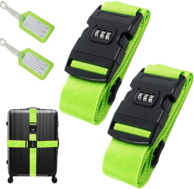 Famanu – Kofferband met slot - kofferband opvallend - duurzame riem met hoge dichtheid - bagage riem ideaal over kruis - incl. 2 naamplaatjes - fluorescerend groen (kleur)