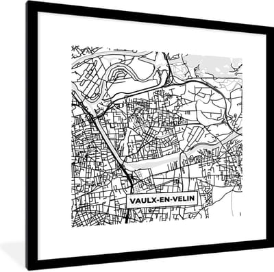 Fotolijst incl. Poster Zwart Wit- Frankrijk - Kaart - Plattegrond - Stadskaart - Vaulx-en-Velin - Zwart wit - 40x40 cm - Posterlijst