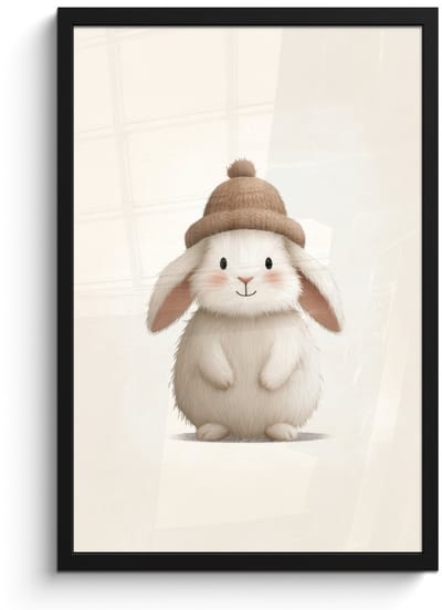 Poster in lijst - Fotolijst 40x60 cm - Posters - Konijn - Muts - Oren - Beige - Posterlijst zwart - Decoratie - Wanddecoratie woonkamer - Muurdecoratie slaapkamer