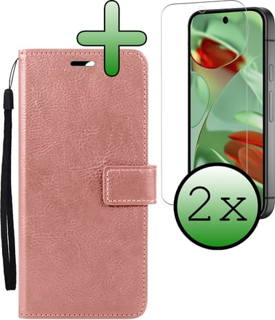 Hoesje Met 2x Screenprotector - Geschikt voor Google Pixel 10 - Luxe Pasjeshouder - Bookcase Portemonee - Flip Case - Kunstleer Book Case - Flipcase Hoes - Book Cover - Walletcase - Portemonneehoes - Rosé goud