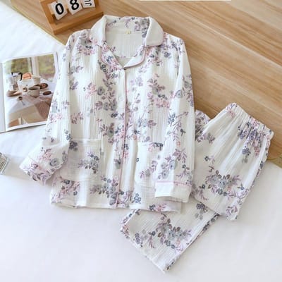 Nieuwe Dames Pyjamaset 100% Katoen Crêpe met Borstkussentjes, Lange Mouwen Broek, Vest, Huisinrichting Tweedelig Set M