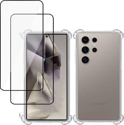Hoesje + 2x Screenprotector geschikt voor Samsung Galaxy S24 Ultra – Full Screen Tempered Glass - Extreme Shock Case Transparant