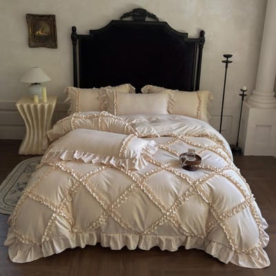 4-delig Franse Prinses Stijl Ruches Beddengoed Set Dubbel King Queen Maat Bruiloft Slaapkamer Dekbedovertrek Plat/Hoeslaken Kussenslopen Queen size 4pcs