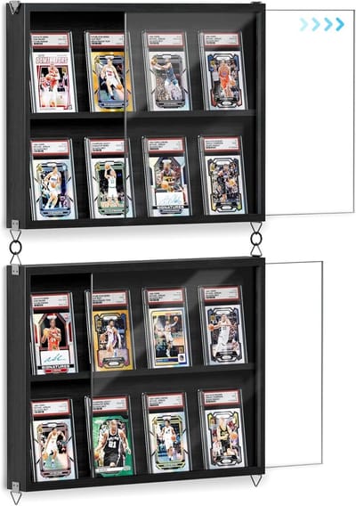 Verzamelkaarten displayframe met wandmontage, houten standaard voor sportkaarten en honkbalkaarten, inclusief transparante HD-deur en 2 stuks kaartenhouder