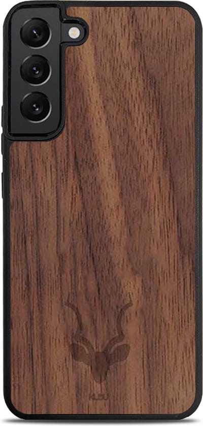 Kudu Samsung Galaxy S22 hoesje case - Houten backcover - Handgemaakt en afgewerkt met duurzaam TPU - Walnoot - Zwart