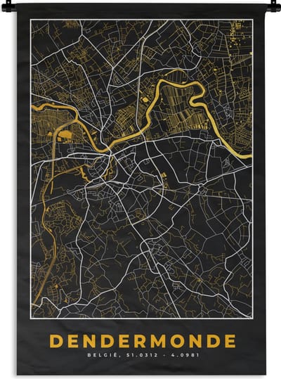Wandkleed - Wanddoek - Dendermonde - Goud - Kaart - Stadskaart - Plattegrond - 120x180 cm - Wandtapijt