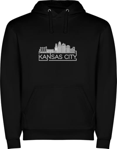 Zwarte unisex hoodie met “ Skyline Kansas City – Vakantiegevoel – Strak – Modern “ Print Full Color Color merk Roly maat S