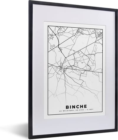 Fotolijst incl. Poster Zwart Wit- Plattegrond – Binche – Zwart Wit – Stadskaart - Kaart - België - 30x40 cm - Posterlijst