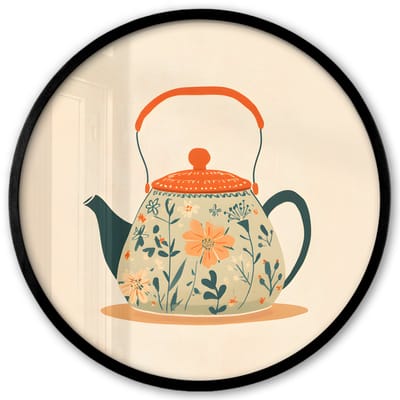 Poster in lijst Rond - Fotolijst 40x40 cm - Posters - Oranje - Theepot - Bloemen - Bladeren - Ronde posterlijst zwart - Decoratie - Wanddecoratie woonkamer - Muurdecoratie slaapkamer