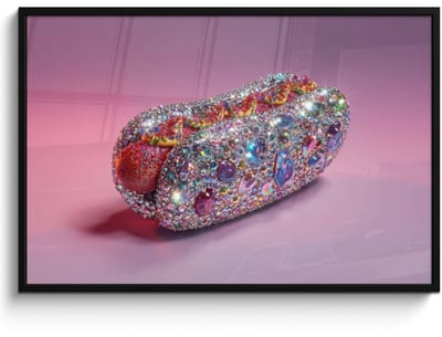 Poster in lijst - Fotolijst 120x80 cm - Posters - Hotdog - Steentjes - Glitters - Paars - Posterlijst zwart - Decoratie - Wanddecoratie woonkamer - Muurdecoratie slaapkamer