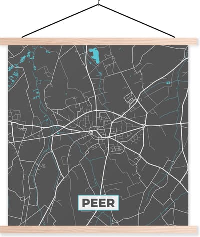 Posterhanger incl. Poster 40x40 cm - Schoolplaat - België – Peer – Stadskaart – Kaart – Blauw – Plattegrond - Textielposter - Blanke latten - Stadskaart