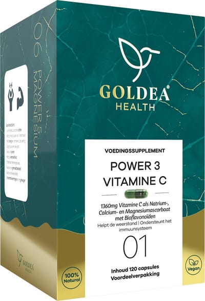 Goldea Health Power 3 Vitamin C - Vegan Voedingssupplement - Vitamin C complex met natrium, calcium en magnesium ascorbaat - Met Bioflavonoïden - 120 Capsules