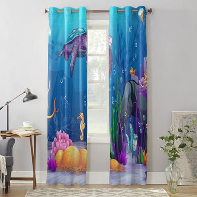 Oceaanschildpad Zeepaardje Koraal Cartoon Raamgordijn Slaapkamer Woonkamer Raam Draperieën Keukendecoratie Jaloezieën Gordijn 135W x 60H(cm) x1 blue
