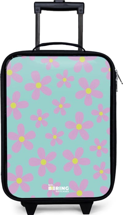 NoBoringSuitcases.com® - Kinderkoffer jongen - Kindertrolley meisje - Madeliefjesmania mint - Koffer kind lichtgewicht - Reiskoffer trolley voor kinderen - Koffertje met lichtgevende wieltjes - Rolkoffer zwart