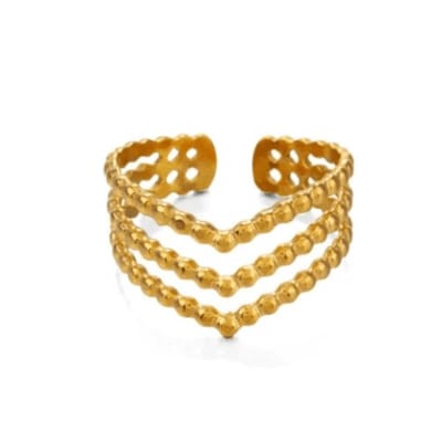 Aramat Jewels | Ringen | Brede Stalen verstelbare ring -V shape met bolletjes motief | Goudkleur | |14mm | Staal | Volwassenen | Verkleurd niet