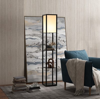 STILVORA Staande Lamp – Met Open Opbergvakken – 26 x 26 x 160 cm – Hout – Zwart – Voor Woonkamer en Slaapkamer – E27