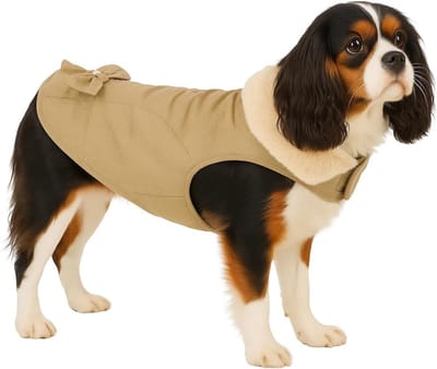 Hondenjas – Guzzi Beige 35cm – warme fleece hondenjas met klittenbandsluiting, waterafstotend & stijlvol strikdetail