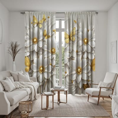 2-delig HD digitaal wit Tie Goud vlinder bloem gordijn Huisdecoratie stijl decoratie woonkamer slaapkamer draag roede gordijn W52H63inchW132H160cm white