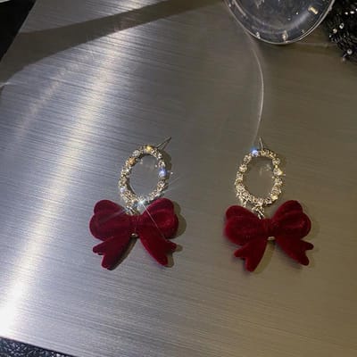 Zoete Strik Hangende Oorbellen voor Vrouwen Zwart Rood Fluweel Stof Sieraden Trendy Kristal Uitgeholde Geometrie Ovaal Hangende Oorbellen gray