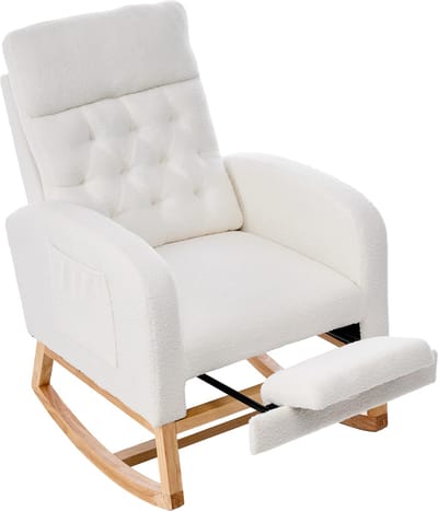 Schommelstoel - Voedingsstoel - Relaxstoel-Bouclé – Voetensteun –Zijzakken – Anti-kantel - Hout - Babykamer - 65,6x123x102cm- 136kg-Wit