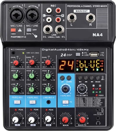 Velox Mengpaneel 4-Kanaals - Met Bluetooth & USB - Geluidskaart Functie - Mini Studio Mixer - Geluidsmixer - Audio - DJ - Podcast - Zwart