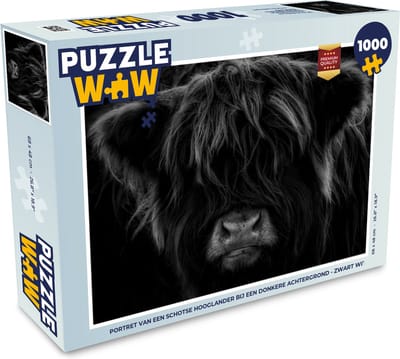 Puzzel Schotse Hooglander - Koe - Portret - Dieren - Zwart - Wit - Legpuzzel - Puzzel 1000 stukjes volwassenen