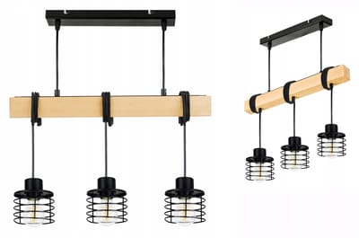 Houten balk hanglamp met 3 zwarte draad kappen, E27 fitting