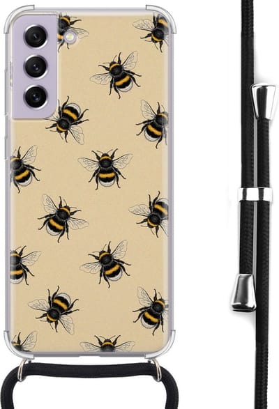 Hoesje met koord - Geschikt voor Samsung Galaxy S21 FE - Bijen print - Verstelbaar zwart koord - Crossbody - Print / Illustratie - Zwart, Transparant - Leuke Telefoonhoesjes