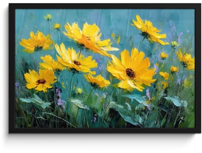 Poster in lijst - Fotolijst 60x40 cm - Posters - Penseelstreken - Bloemen - Felgeel - Abstract - Posterlijst zwart - Decoratie - Wanddecoratie woonkamer - Muurdecoratie slaapkamer