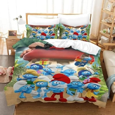 Housse de couette Schtroumpfs Motif Animé Mignon Impression 3D Ensemble de literie Elfes Bleus Pour Adolescents Adultes Avec Fermeture Éclair Décoration de Chambre 150*200cm 3pcs