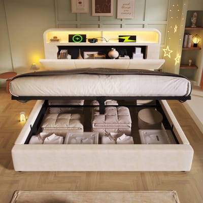 Tweepersoonsbed 160x200 cm - met verstelbare hoofdbord - LED-verlichting en USB/Type-C oplaadstation - met opbergruimte - beige - zonder matras