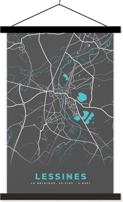 Posterhanger incl. Poster 40x60 cm - Schoolplaat - België – Lessines – Stadskaart – Kaart – Blauw – Plattegrond - Textielposter - Zwarte latten - Stadskaart