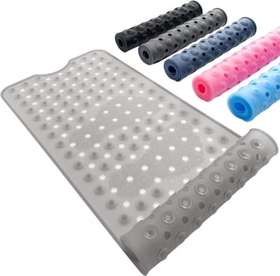 Antislip Douchemattens, 90 x 40 cm Douchemat met Grote Afvoeren en Zuignappen, Wasbare Badmat voor Veiligheid en Comfort in de Badkamer, Transparant Grijs