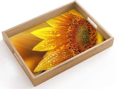 Dienblad hout 40x30 cm - Schootdienblad - Zonnebloem - Dauwdruppels - Geel - Zonlicht - Borrelplank rechthoek - Plateau dienbladen