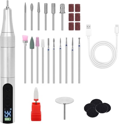Peysaitr – Elektrische nagelvijl 35000 RPM - 18-in-1 elektrische manicureset - Draadloze gelnagelboor met LCD-scherm - Nagelboor - Manicure- en pedicureset - Oplaadbaar - Draagbaar - 18 schuurkoppen + 5 schuurschijven + 6 schuurringen - Zilver