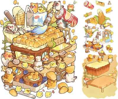 Ainy - Scene 3D Sticker Maïskraam | 1 Achtergrond 23.5*18.6cm met PET Stickers set | Burger & Pizza miniatuur stickerboek | Creatief & Rustgevend vakantieboek | Stickervellen voor volwassenen en kinderen