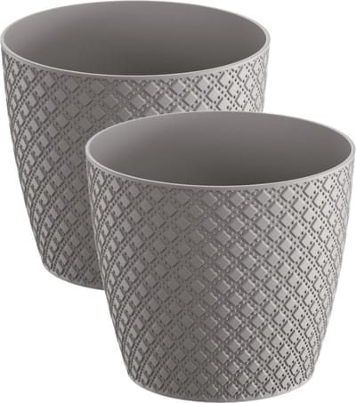 2x stuks orient stijl plantenpot/bloempot kunststof dia 13 cm en hoogte 11 cm in het steengrijs voor binnen/buiten