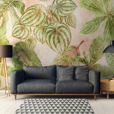 Fotobehang Profhome 382421-GU vliesbehang hardvinyl warmdruk in reliëf glad in jungle stijl mat groen roze 3,71 m x 2,8 m