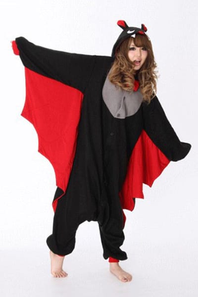 KIMU® Onesie Vleermuis Pak - Maat XS-S of 152-158 - Vleermuispak Kostuum Zwart Rood Vampier - Jumpsuit Pyjama Huispak Halloween Dames Heren Fleece Festival