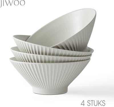 Set van 4 kommen (20cm/1000ml)-Ramenkom,soepkom,pastakom,slakom-Hoogwaardig keramiek-Reliefstrepen-Antislip-Thuis,restaurant,picknick-Magnetron-vaatwasserbestendig