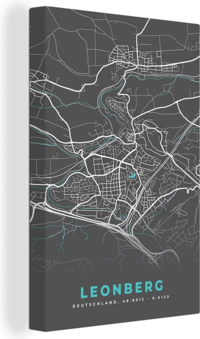 Canvas Schilderij Duitsland – Blauw – Leonberg – Stadskaart – Kaart – Plattegrond - 20x30 cm - Wanddecoratie