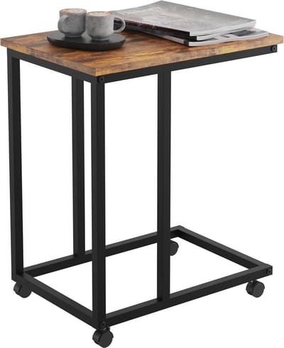 Bijzettafel met Wieltjes - Mobiele C-vorm Salontafel - Vintage Bruin-Zwart - 35 x 50 x 60 cm - Ideaal voor Woonkamer