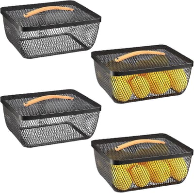 Metalen gaas manden met deksel en houten handvat - 4 stuks voor keuken, badkamer en tuin