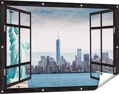 Gards Tuinposter Doorkijk Vrijheidsbeeld in New York - 120x80 cm - Tuindoek - Tuindecoratie - Wanddecoratie buiten - Tuinschilderij