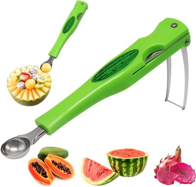 3-in-1 Fruit Snijgereedschap voor Meloenen, Watermeloen en Papaja met RVS Fruitvork en Snijhulp