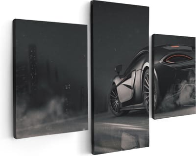 Artaza Canvas Schilderij Drieluik Zwarte Sportwagen Auto Nabij Een Stad - 90x60 - Foto Op Canvas - Canvas Print